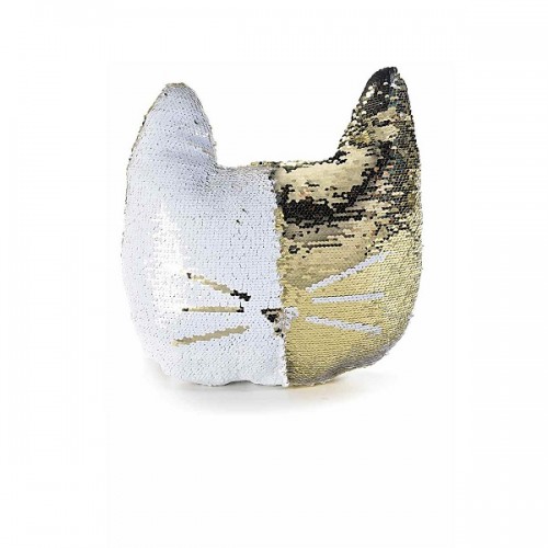 Cuscino a forma di gatto con paillettes reversibili bianco/oro