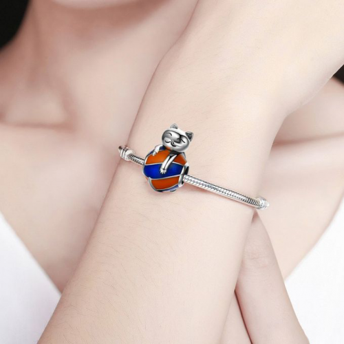 Charm Gatto In Argento 925 Con Zirconia Blu – Ciondolo Per Bracciale E Collana, Compatibile Marchi Europei
