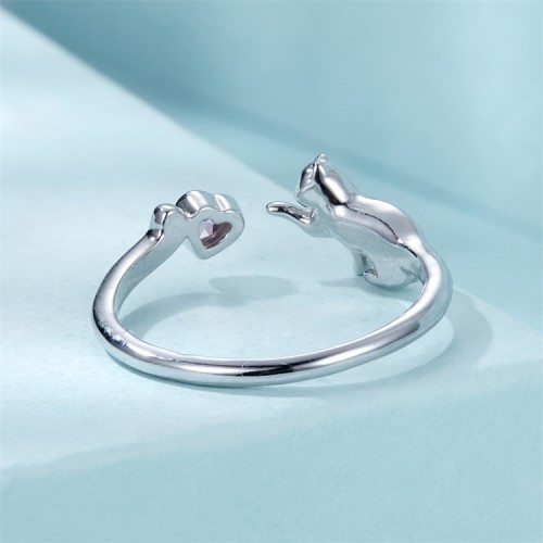 Anello regolabile in argento 925 con gatto e cuoricino rosa