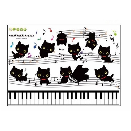 Adesivo da parete gatti neri, pianoforte e pentagramma